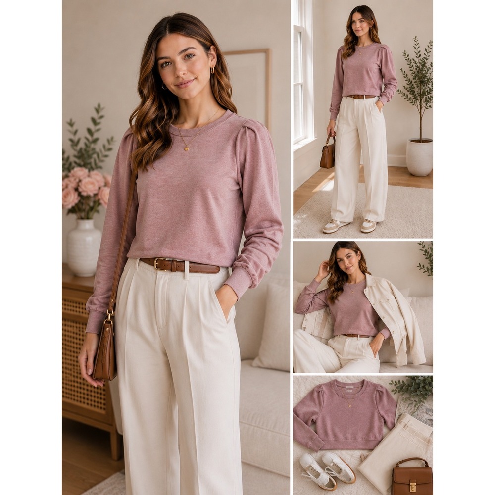 Banana‎ Republic Mauve Puff Sleeve Cropped Sweatshirt Cozy Chic Top S